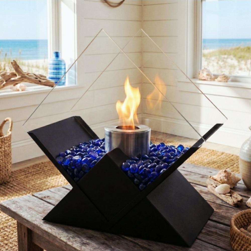 The Posh Prism Tabletop Fireplace Firefly Blue Fireglass - FREE SHIPPING!!